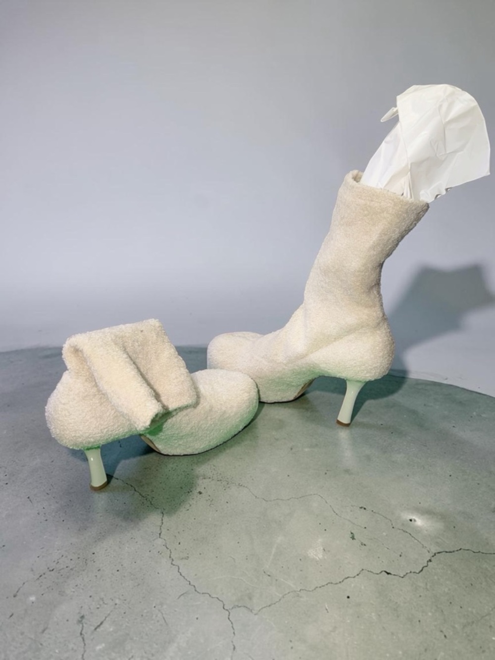 Bottega Veneta Cream Shearling Mid-Calf Heeled Boots